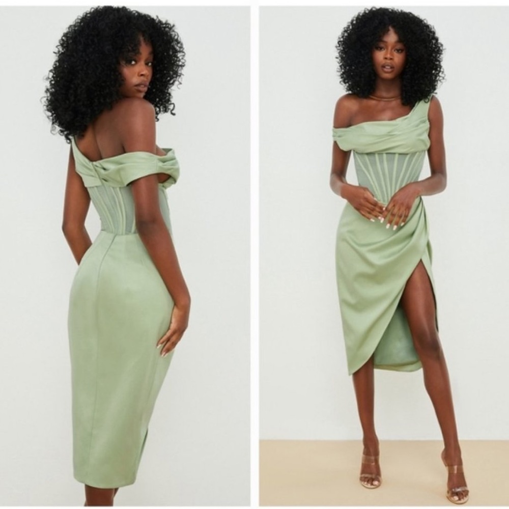 House of CB Lulu Corset One-Shoulder Mesh Satin Midi Dress Pistachio Green Small